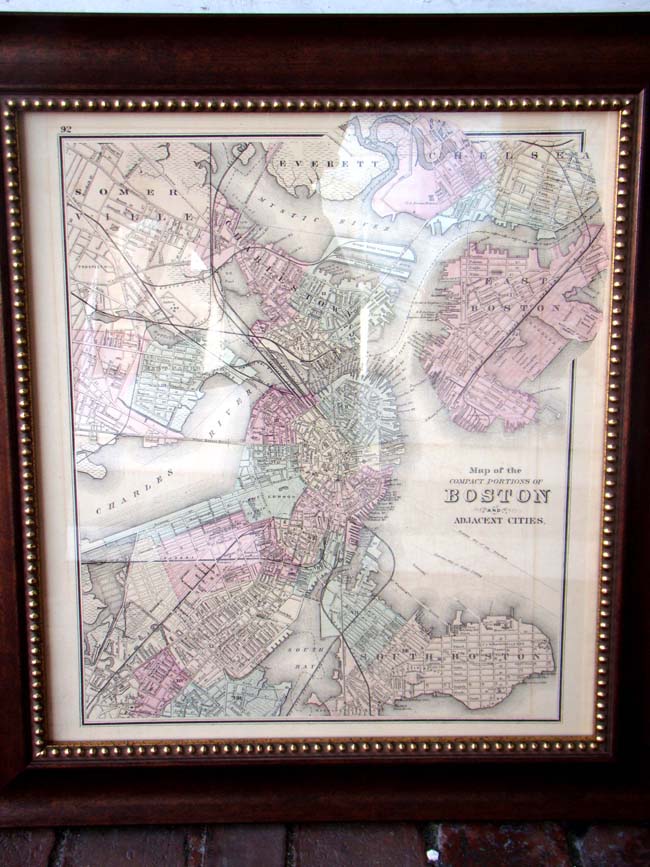 Gray's Map of Boston published in 1873 with the reverse side showing a Map of Massachusetts and Rhode Island in a double glass sided custom frame.
